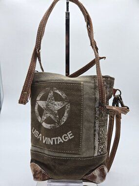 Clea Ray Repurposed Military Canvas Cowhide USA Crossbody Please Read